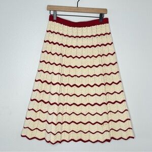 Vintage Handmade Crocheted Skirt Sz M Boho Holiday Red White Stripe Holiday Knit